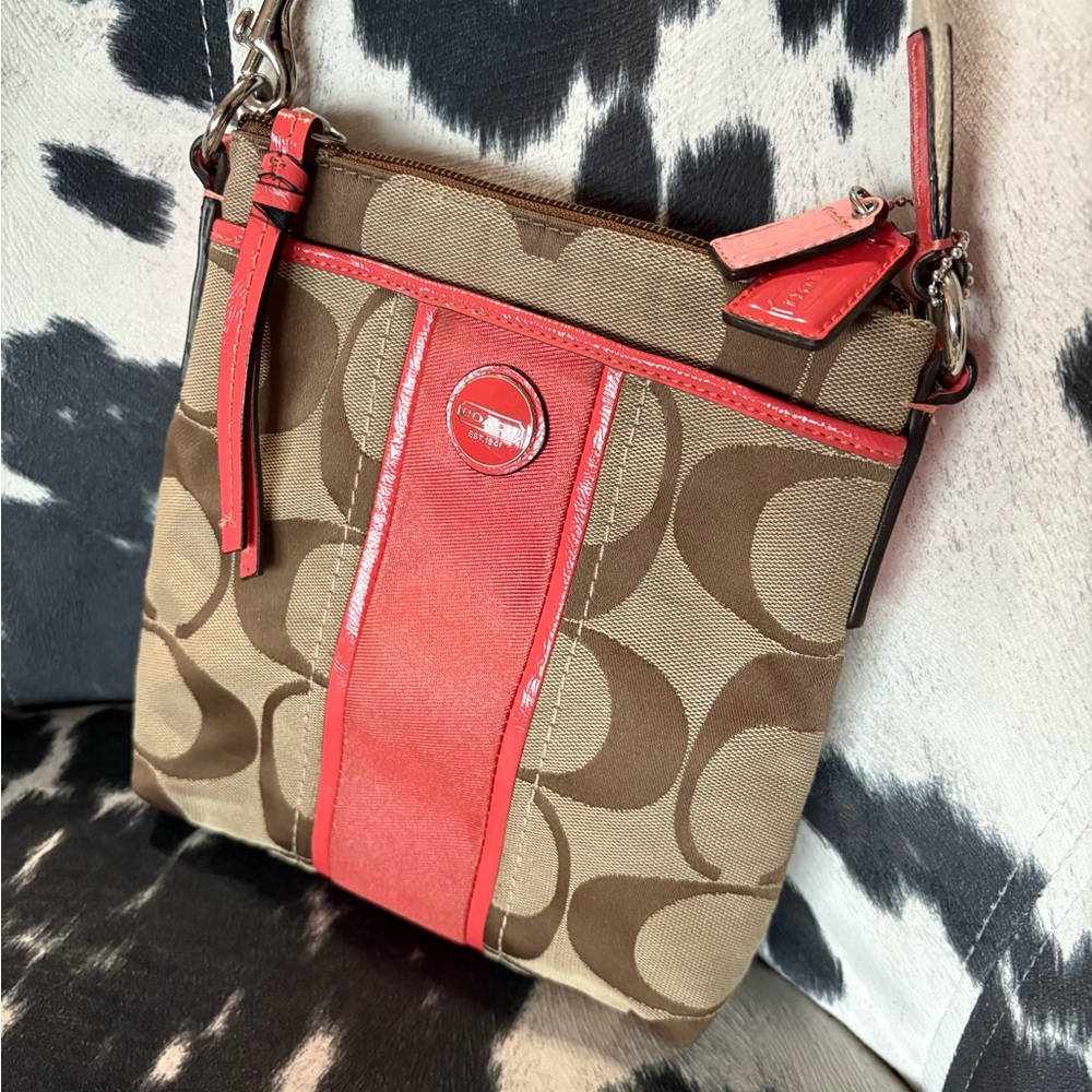 COACH Khaki Signature & Coral Crossbody